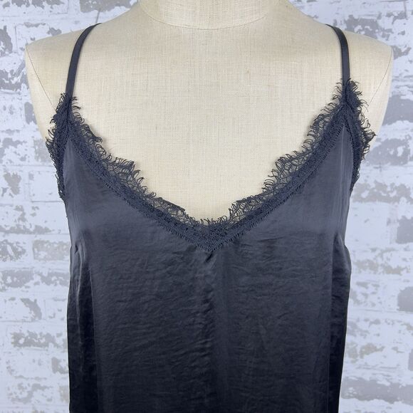 Band of Gypsies Womens L Slip Dress Midi Dress Black Fringe Lace Trim Satin Feel - Picture 2 of 9